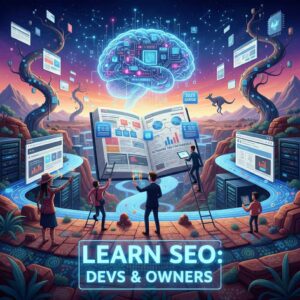 A web developer analyzing SEO performance on a laptop with graphs and code on screen, representing SEO strategies for websites in 2025.