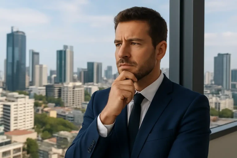 Business owner in an office thinking about how SEO helps his website grow.