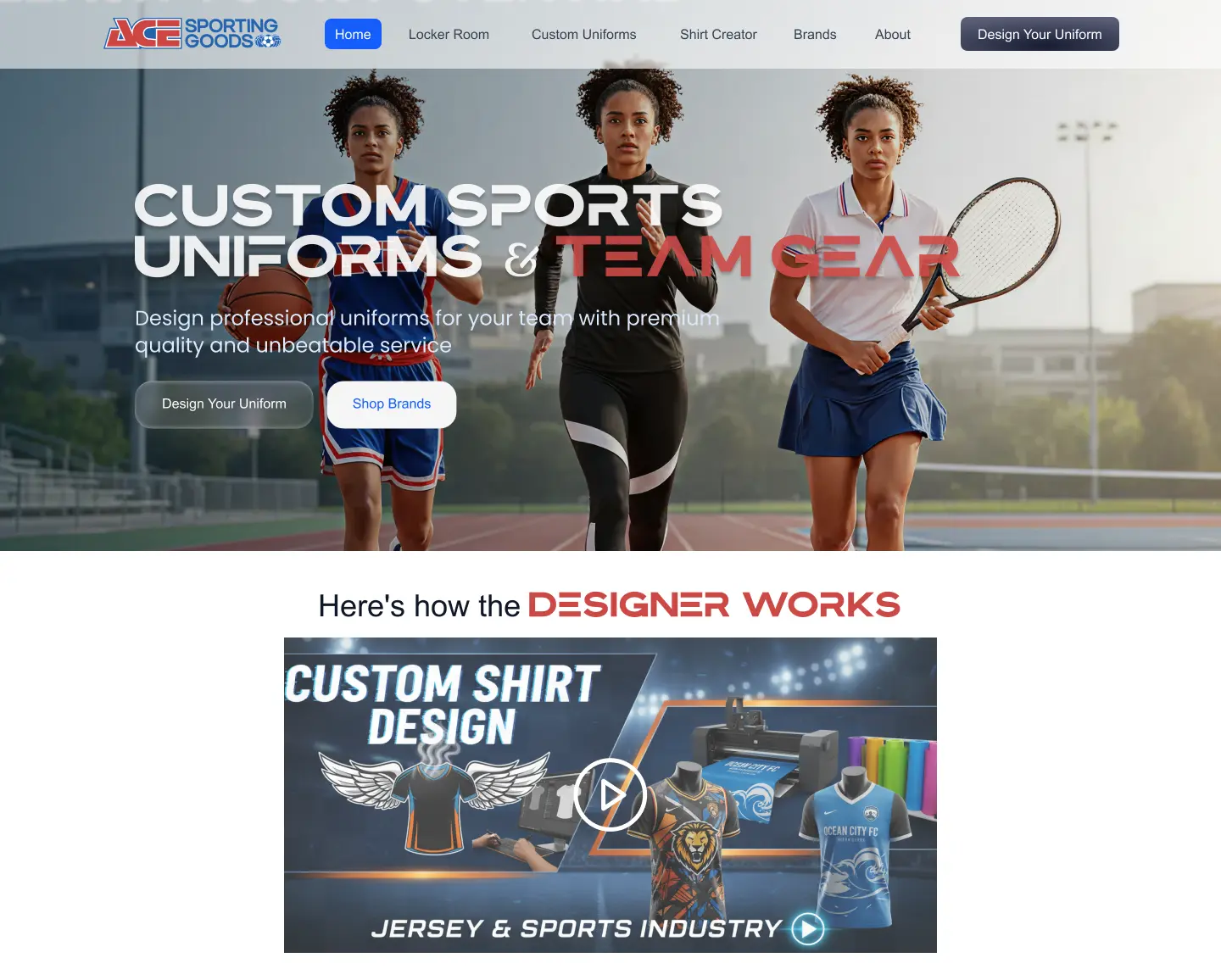 E-commerce website UI/UX design for a custom sports uniform brand featuring a hero section with athletes in action, custom uniform design tools, brand shopping options, and a guided shirt designer workflow.