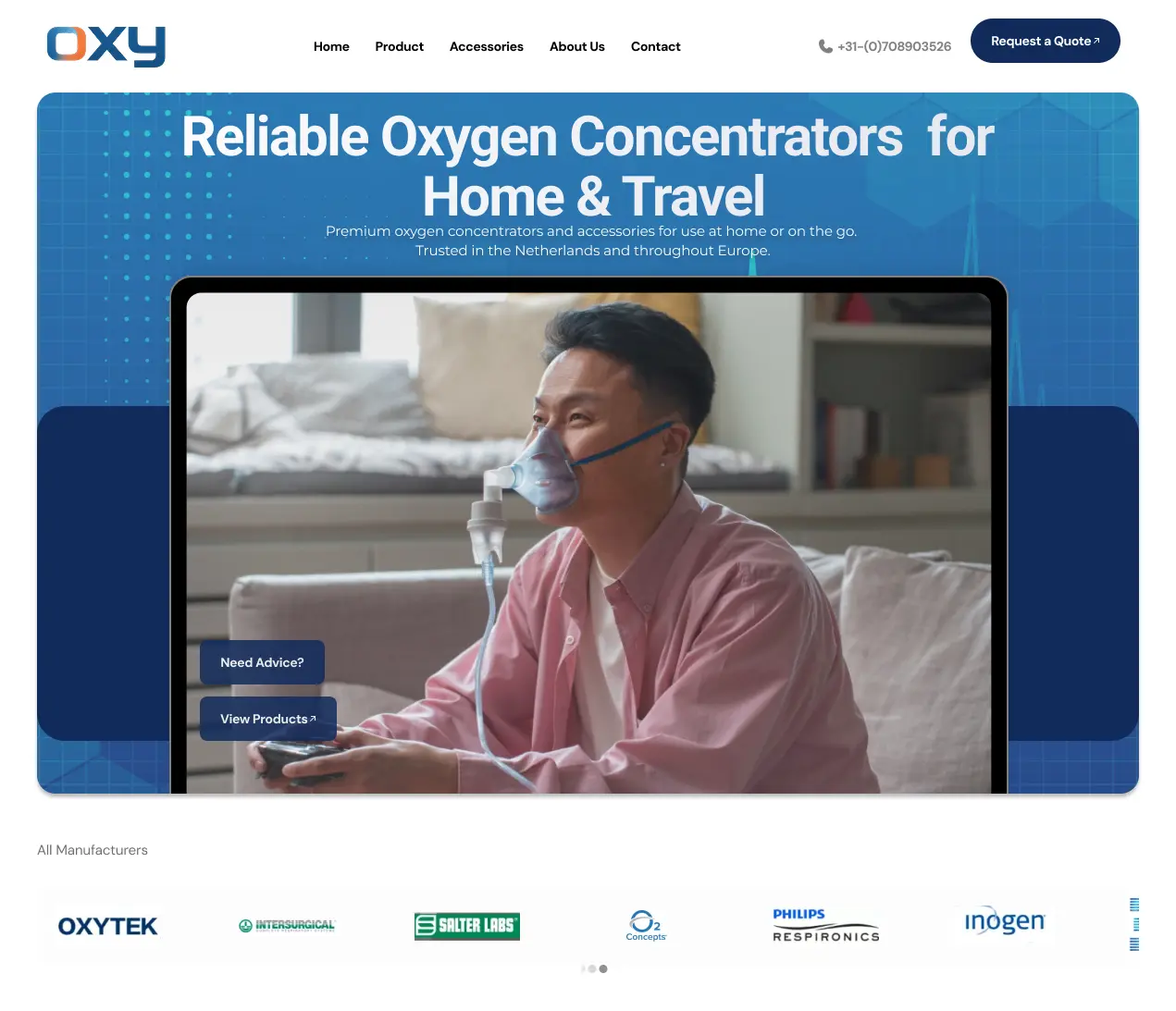 Responsive e-commerce UI design for a medical website showing a product detail page on desktop and a mobile layout on smartphone, featuring oxygen concentrators, accessories, product images, pricing, and clear call-to-action buttons.
