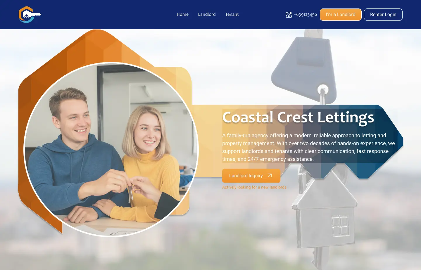 Corporate website UI design for Coastal Crest Lettings featuring a modern homepage layout with hero section, service cards, testimonials, property listings, landlord and renter sections, and clear call-to-action buttons.