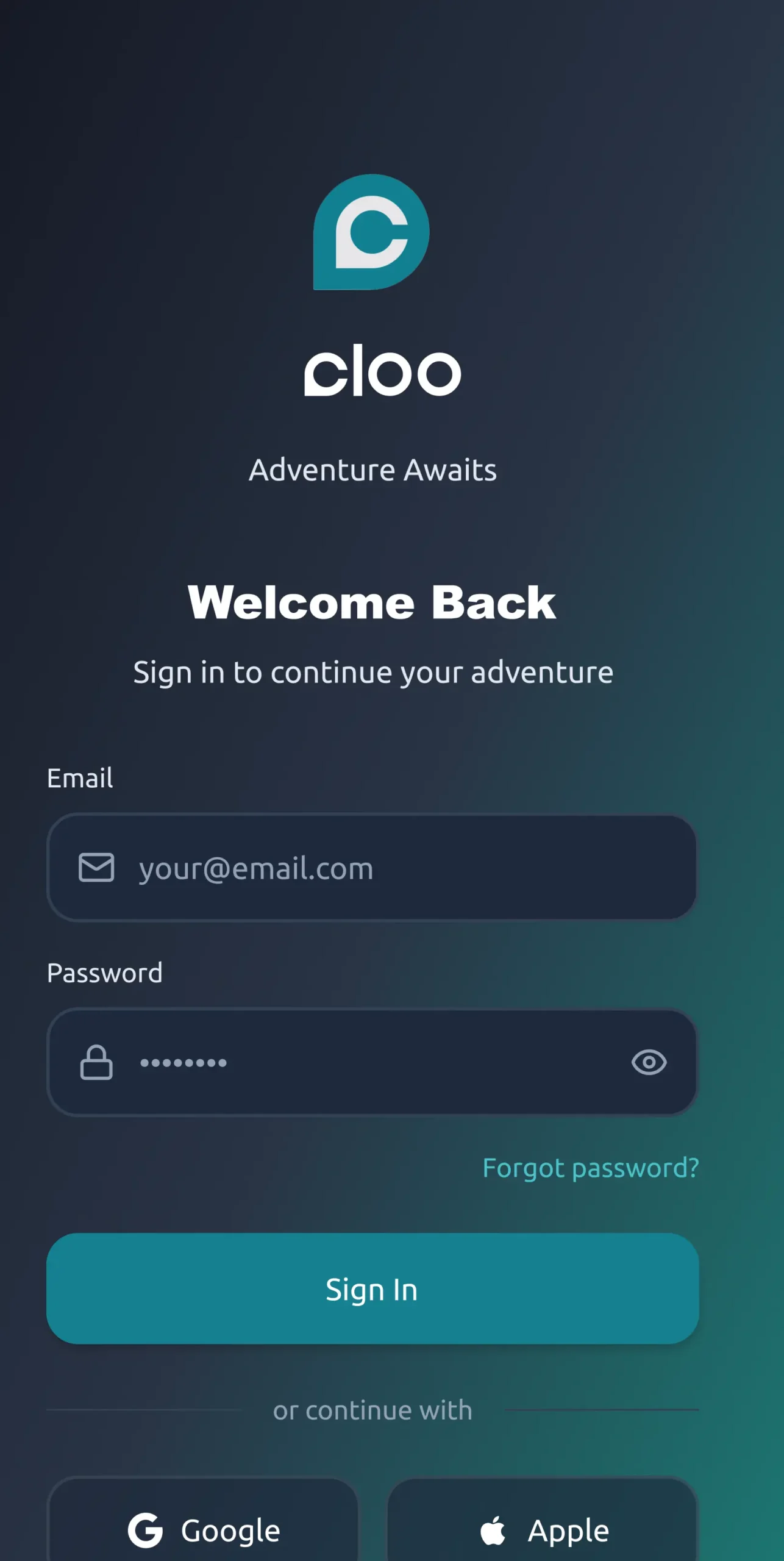 Cloo mobile game app login screen featuring a dark gradient background, modern typography, email and password fields, social sign-in options, and a clean, adventure-themed interface.