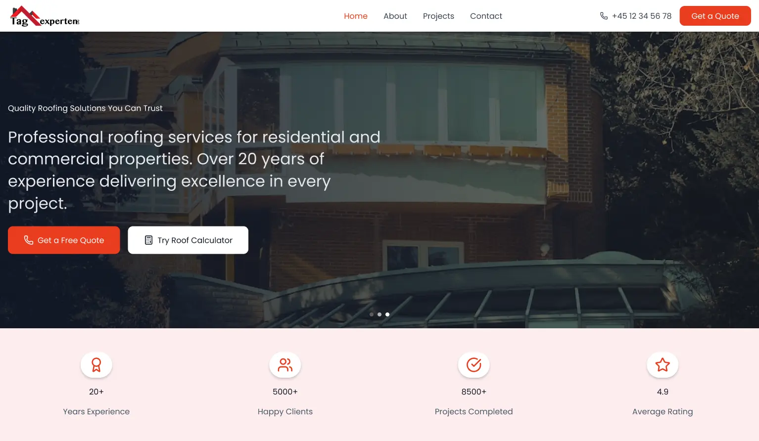 Service website UI/UX design for a roofing company featuring a full-page homepage with hero section, service cards, trust metrics, project estimator, testimonials, and strong call-to-action sections.