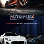 Automotive business flyer featuring high-performance cars, dynamic motion imagery, and bold AutoPlex Suites branding.