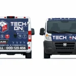Front and rear views of a Tech On service van wrap with circuit-style graphics, service icons, and bold blue branding.