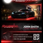 Event marketing business card design featuring a luxury sports car, dark cinematic styling, and bold red typography.