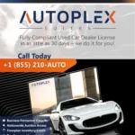 AutoPlex Suites promotional flyer advertising independent dealership setup with bold typography and automotive visuals.