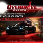 VIP dealership event flyer featuring a luxury sports car on a red carpet with bold red and black branding.