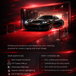 Automotive showroom event flyer featuring a luxury sports car on a red carpet with bold red lighting and cinematic design.