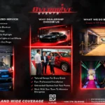 Automotive event services flyer showcasing VIP red carpet setups, showroom lighting, and dealership event installations.