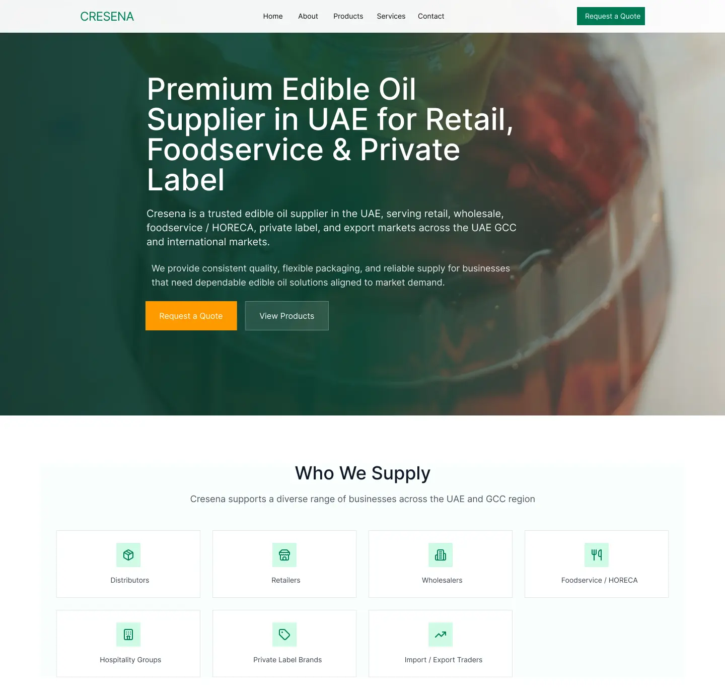 Edible oil supplier landing page design featuring a hero section, service categories, product offerings, private label support, and a quote request form.