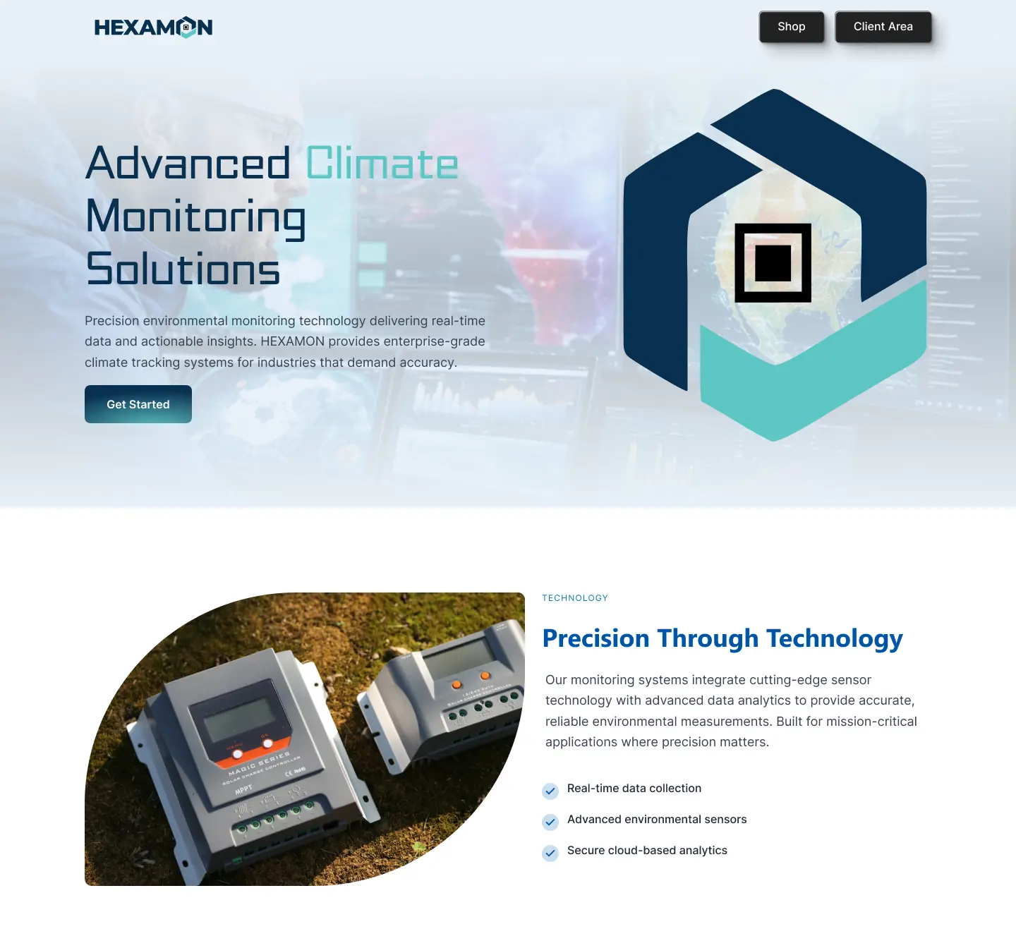 Climate monitoring landing page design featuring a modern hero section, technology overview, industry applications, feature highlights, and call-to-action.