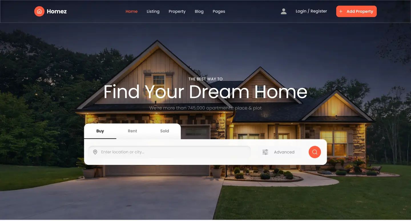 Real estate landing page design featuring a modern home hero section with search filters, property categories, featured listings, city-based browsing, testimonials, blog previews, and call-to-action sections.