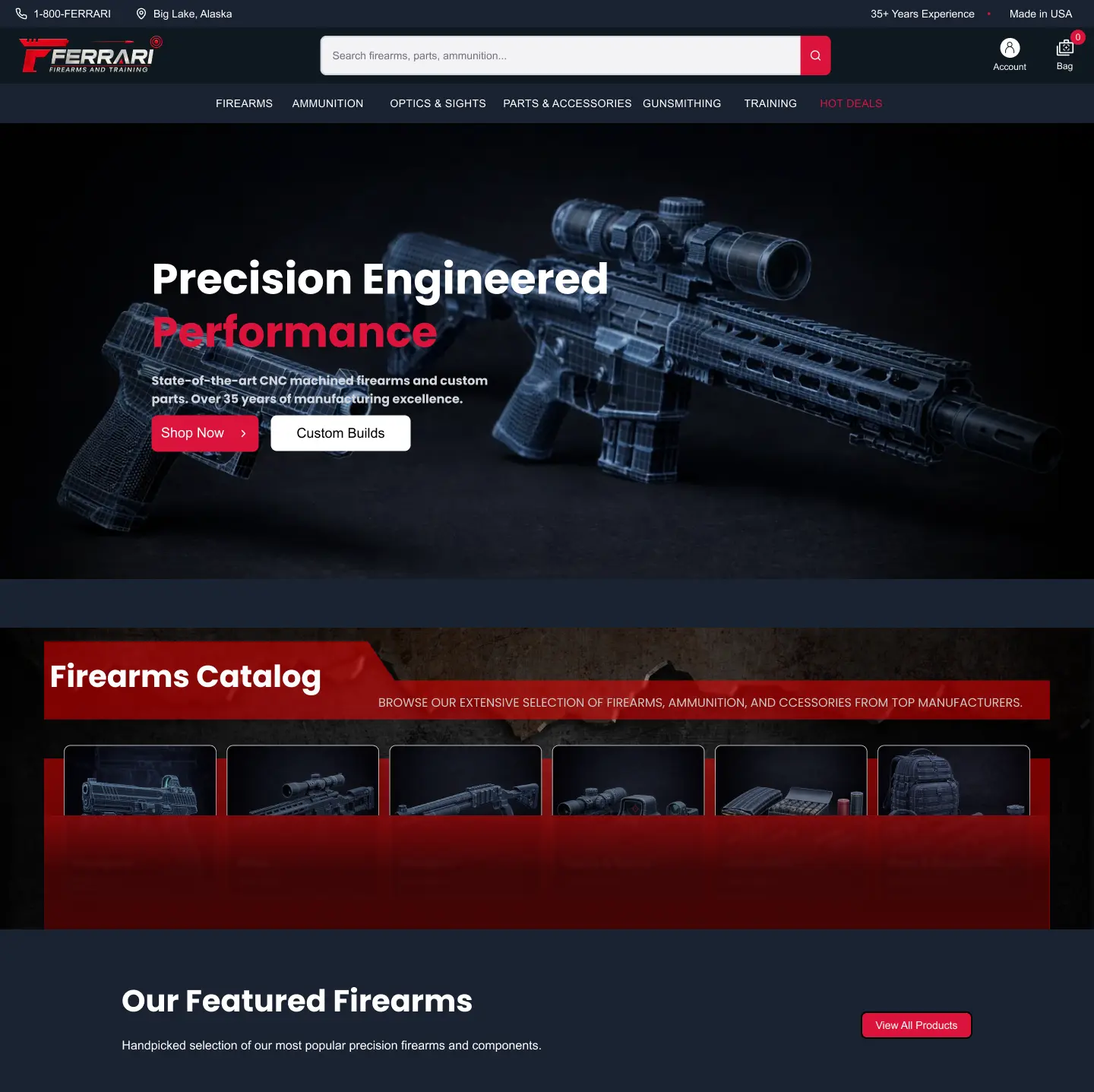 Firearms eCommerce website design featuring a bold hero section, product catalog, featured items, training courses, accessories grid, and promotional call-to-actions.