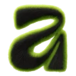 A fluffy, fur-textured black and neon green letter “A” on a soft gradient background, with detailed hair-like strands creating a plush, three-dimensional look.