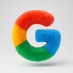 Fluffy Google letter G logo in vibrant red, yellow, green, and blue texture.
