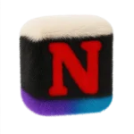 Fluffy Notion-style icon with a red letter N on a black, gradient-toned fur texture.